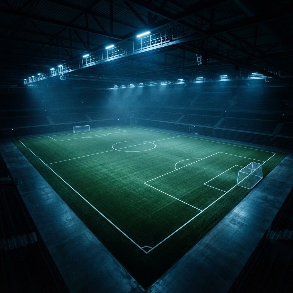 Empty indoor training pitch at night