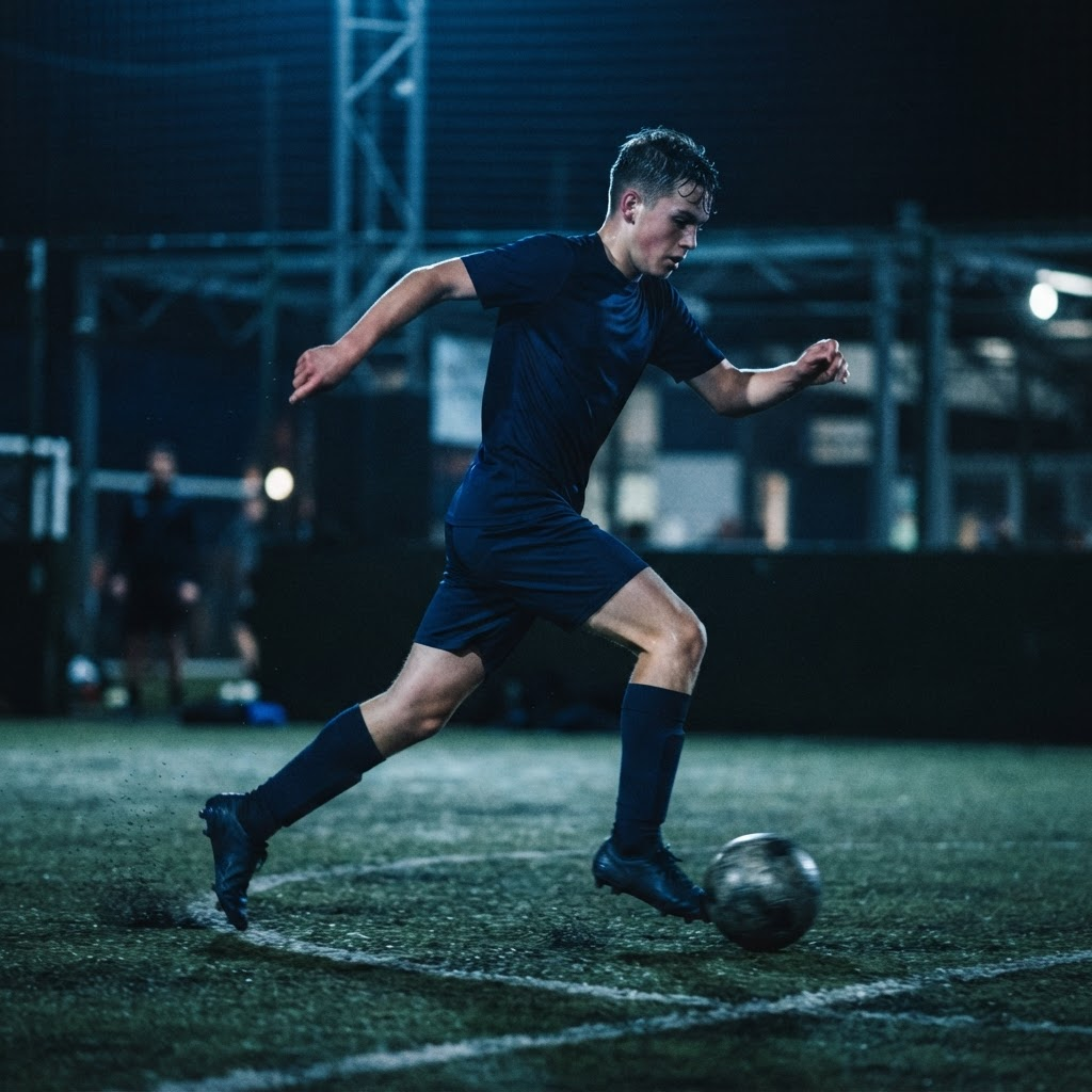 DAS Academy player dribbling under lights